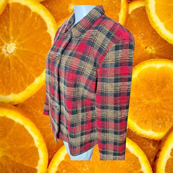 Sag Harbor Women’s Red & Tan Plaid Tweed Button Front Blazer Jacket Size 14 - Picture 7 of 7